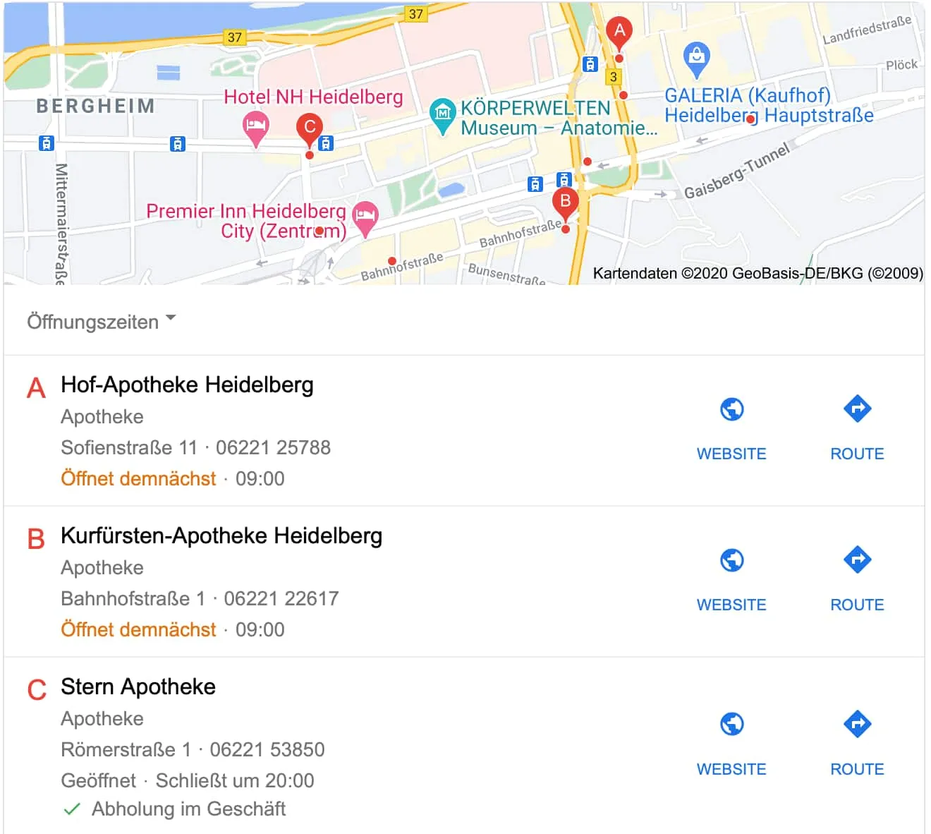 GMB-Einträge von Apotheken Beispiel Heidelberg
